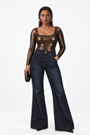 Back view of the Room 24 Jess bronze long-sleeve bodysuit highlighting its dramatic low scoop back and thong silhouette.