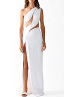 Front view of the Room 24 Joanna white maxi dress with a one-shoulder neckline, sweeping cut-outs and thigh-high split.