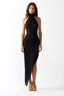 Front view of the Room 24 Jovi black halterneck mesh dress with a fitted silhouette and asymmetric pointed hem.