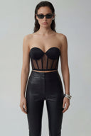 Front view of the Room 24 Kelly corset with a sweetheart neckline, underwired cups, sheer mesh panels and structured boning.