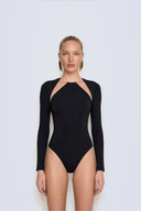 Front view of the Room 24 Katie black bodysuit with a sheer mesh neckline, angular shoulder cut-outs and long fitted sleeves.