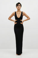 Front view of the Room 24 Kaya black maxi dress with a deep V neckline, geometric waist cut-outs and fitted silhouette.