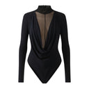 Close-up of the Room 24 Kylie black bodysuit showing the deep draped neckline and sheer high-neck mesh insert.