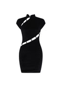 Close-up of the Room 24 Lin black mini dress showing the soft velvet texture, high collar and slim front keyhole cut-outs.