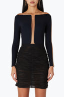 Front view of the Room 24 Laine stretch mini skirt with sheer tulle, all-over ruching and a fitted silhouette.