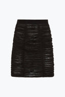 Close-up of the Room 24 Laine skirt highlighting its sheer stretch tulle, centre-front seam and gathered ruching.