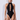 Front view of the Room 24 Lara black halterneck bodysuit with a high collar and vertical ladder-style chest cut-outs.