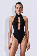Front view of the Room 24 Lara black halterneck bodysuit with a high collar and vertical ladder-style chest cut-outs.