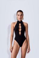 Front view of the Room 24 Lara black halterneck bodysuit with a high collar and vertical ladder-style chest cut-outs.