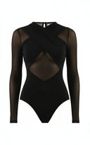 Close-up of the Room 24 Liz black bodysuit showing the crossover neckline and contrasting sheer mesh panels.