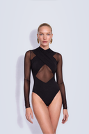 Front view of the Room 24 Liz black mesh bodysuit with crossover bust panels, sheer long sleeves and a diamond waist cut-out.