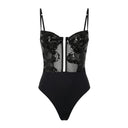 Close-up of the Room 24 Lumi black bodysuit showing the sequinned lace, structured cups and sheer corset detailing.
