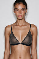 Luna crystal mesh bralette with sparkling triangle cups, nude-toned trims, adjustable straps and a front clasp.