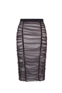 Close-up of the Room 24 Minka skirt highlighting its sheer stretch tulle, gathered ruching and waistband.