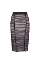 Close-up of the Room 24 Monica skirt highlighting its sheer fabric, gathered ruching and stretch waistband.