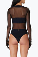 Back view of the Room 24 Maria black mesh bodysuit highlighting its sheer sleeves and sculpted close-fitting silhouette.