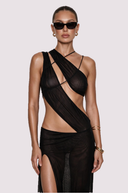 Front view of the Room 24 Marina black sheer maxi dress with asymmetric draping, sculptural cut-outs and a thigh-high split.
