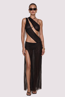 Front view of the Room 24 Marina black sheer maxi dress with asymmetric draping, sculptural cut-outs and a thigh-high split.