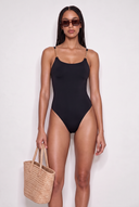 Front view of the Room 24 Marley one-piece swimsuit with a scoop neckline, statement chain straps and high-cut legs.