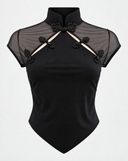 Close-up of the Room 24 May Top highlighting its sheer mesh panels, high collar, neckline cut-outs and beaded knot fastenings.