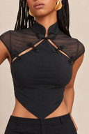 Close-up of the Room 24 May Top highlighting its sheer mesh panels, high collar, neckline cut-outs and beaded knot fastenings.