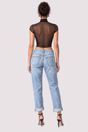 Back view of the Room 24 May Top highlighting its high collar, sheer mesh upper panel and fitted silhouette.