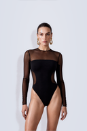 Front view of the Room 24 Melis bodysuit with long mesh sleeves, a sheer shoulder panel and curved waist detailing.