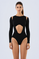 Front view of the Room 24 Selma black bodysuit with a round neckline, fitted long sleeves and curved waist cut-out.