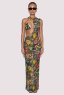 Front view of the Room 24 Muse tropical print mesh maxi dress with an asymmetric neckline, triangle bust panel and side cut-out.