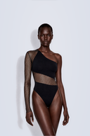Front view of the Room 24 Anastasia black one-shoulder bodysuit with a crystal-mesh sleeve and diagonal waist panel.