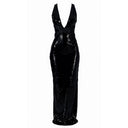 Close-up of the Room 24 Ornella black maxi dress showing the reflective sequins, choker-style halterneck and deep V neckline.