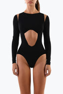 Front view of the Room 24 Selma black bodysuit with a round neckline, fitted long sleeves and curved waist cut-out.