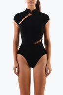 Front view of the Room 24 Rene black bodysuit with a Mandarin collar, cap sleeves and diagonal ladder cut-outs.