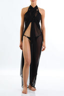 Front view of the Room 24 Megan bikini top with a plunging halterneck, triangle cups and layered underbust straps.