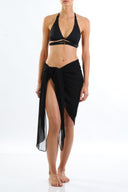 Front view of the Room 24 Megan bikini top with a plunging halterneck, triangle cups and layered underbust straps.