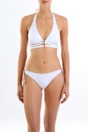 Front view of the Room 24 Megan bikini top with a plunging halterneck, triangle cups and layered underbust straps.