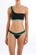 Front view of the Room 24 Thea bikini top with an asymmetric neckline and braided shoulder strap.