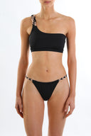 Front view of the Room 24 Thea bikini top with an asymmetric neckline and braided shoulder strap.