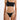 Woman wearing a black one-shoulder bikini with woven strap details, front view