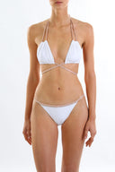 Front view of the Room 24 Mia triangle bikini top with gathered cups and crossed underbust straps.