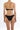 Back view of woman wearing black bikini with side ties on white background