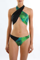 Front view of the Room 24 Laura bikini top with wide crossover panels and an asymmetric halterneck.