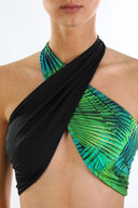 Close-up of the Room 24 Laura bikini top showing its cross-front construction and smooth stretch fabric.