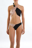 Front view of the Room 24 Laura bikini top with wide crossover panels and an asymmetric halterneck.