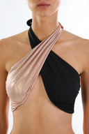 Close-up of the Room 24 Laura bikini top showing its cross-front construction and smooth stretch fabric.