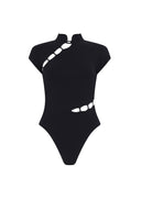 Close-up of the Room 24 Rene black bodysuit showing the Mandarin collar and diagonal ladder-style chest cut-outs.