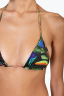 Close-up of the Room 24 Neomi bikini top showing its reversible printed fabric and gathered construction.