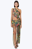 Front view of the Room 24 Marina Tropic sheer maxi dress with asymmetric draping, sculptural cut-outs and a thigh-high split.