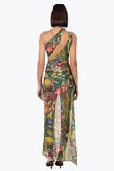 Back view of the Room 24 Marina Tropic mesh maxi dress highlighting its low open back and criss-cross strap detailing.