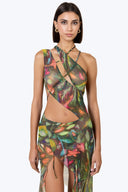 Front view of the Room 24 Marina Tropic sheer maxi dress with asymmetric draping, sculptural cut-outs and a thigh-high split.